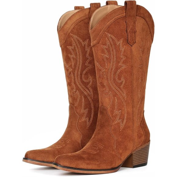 Women's Elegance Embroidery Brown Chunky Heel Mid Calf Snip Toe Western Boots - Picture 1 of 6